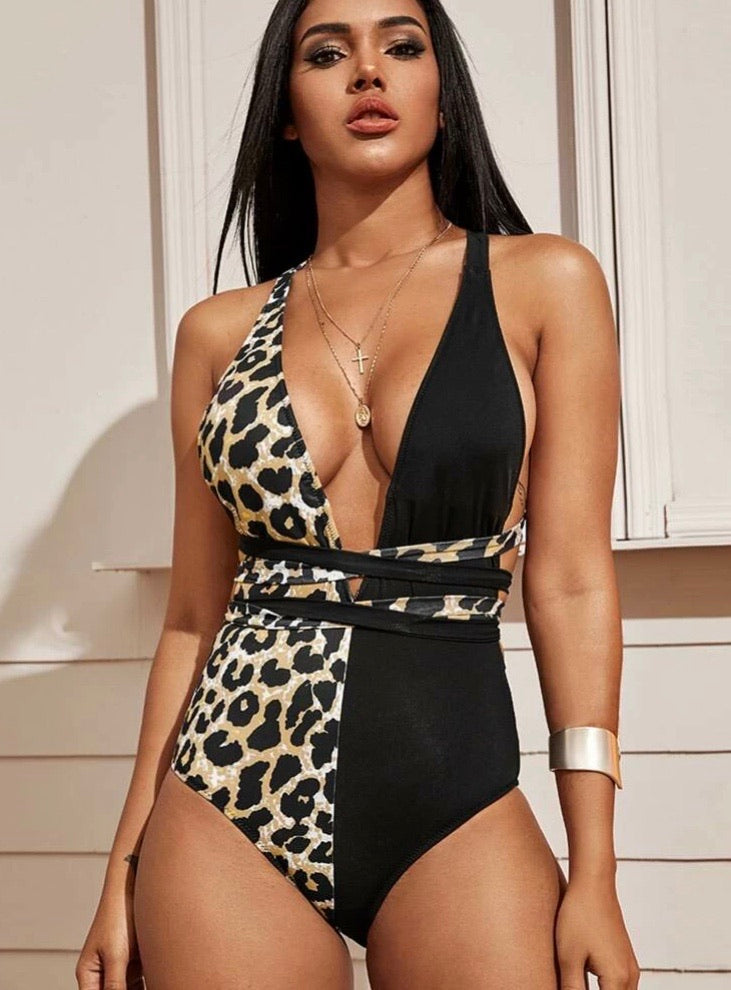 Black Leopard Contrast Tie One-Piece (Large)